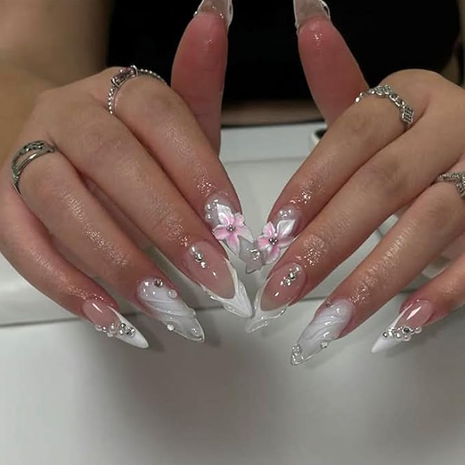 Press On Nails - Handmade 3D False Nails Long Stiletto 10 Pcs Reusable ABS Material Finger Painting Nail Tip French Salon Design Artificial Fingernail for Women (Size S）