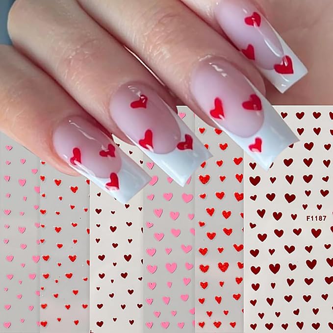 6 Sheets Valentines Nail Stickers 3D Self-Adhesive Mini Heart Nail Art Stickers Set Glitter Pink Red Heart Nails Design Decal Romantic Valentine Stickers for Nails DIY Women Manicure Decoration