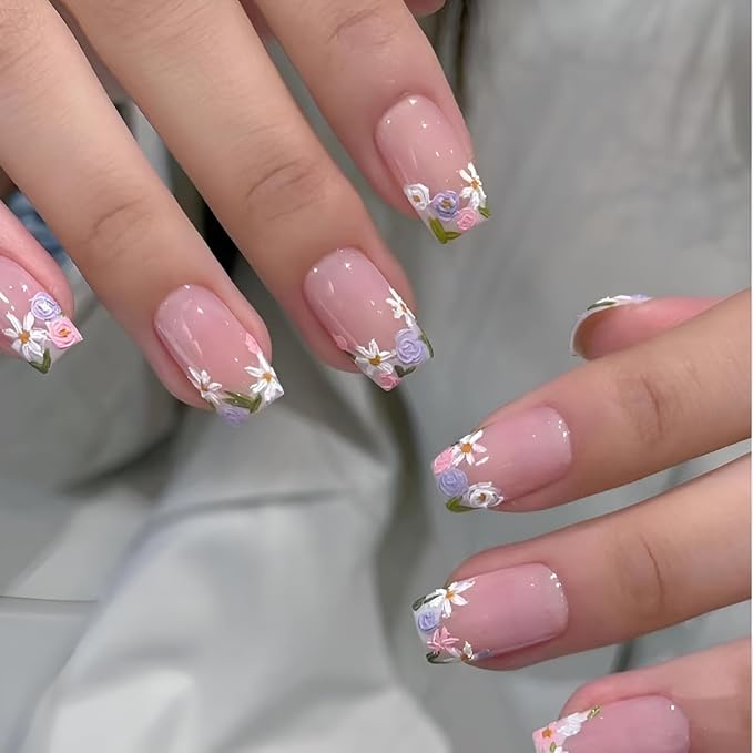 Flower Fake Nails Medium Square Press on Nails French Tip False Nails Glossy Full Cover Nails Press Ons Colorful Flower Stick on Nail Spring Glue on Nail for Women Decorations Set 24Pcss