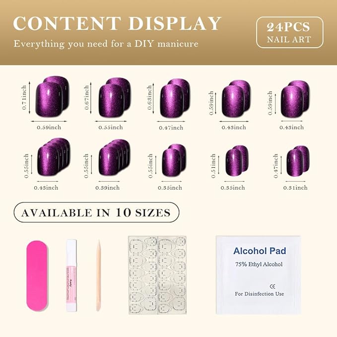 Cat Eye Purple Press On Nails Short Square, Designer Reusable Acrylic Fake Nails with Glue, Glossy Soft Gel Nails Wedding and Party, Stick On Glue On Nails, Nails Press Ons fro Women