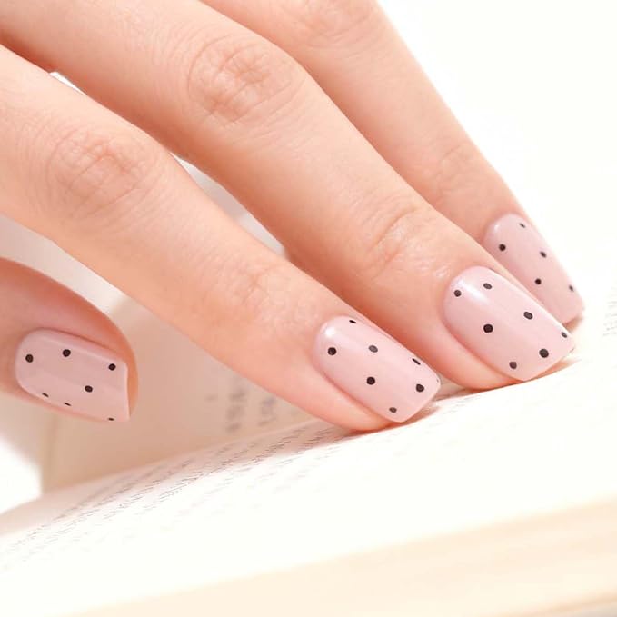 Semi Cured Gel Nail Strips - Black Polka Dot with Pink base, 20 Pcs DIY at Home Nail Art, UV/LED Lamp Required, Beginner Friendly & Salon Quality Manicure