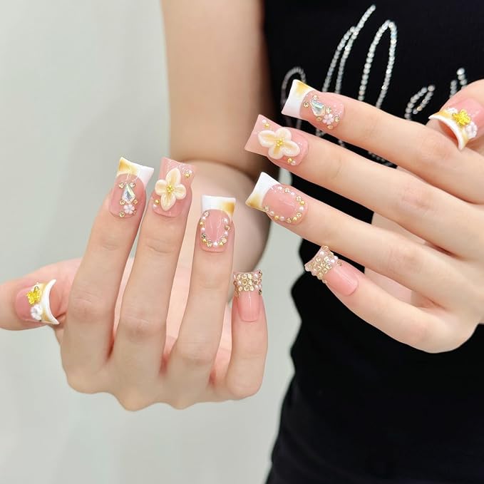 Short Duck Press on Nails Handmade 3D Flowers Butterflies Designs Nude Pink False Nails White French Tip Thick Acrylic & Muti-Layer Stick on Nails for Women Nails Art(Sunflowers,M)