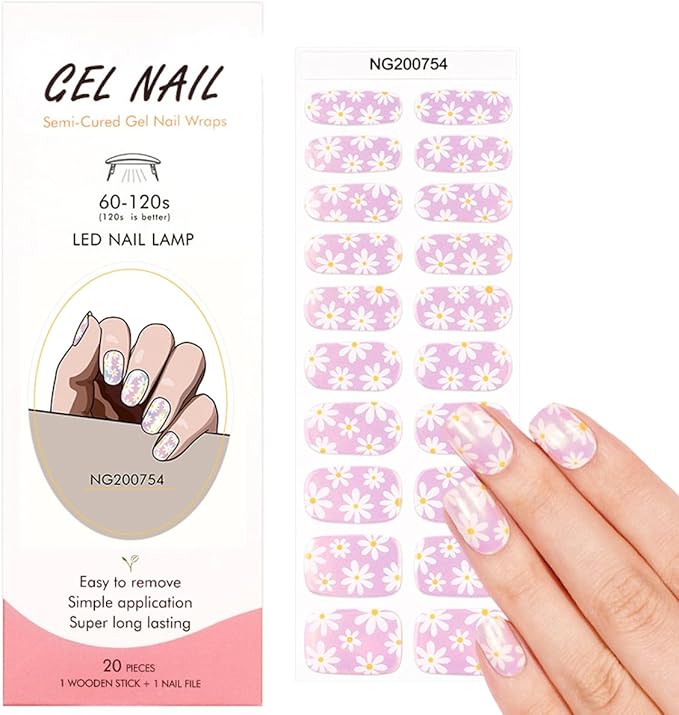 Spring Semi Cured Gel Nail Strips - 20Pcs Flower UV Gel Nail Wraps with Aurora Design, Long Lasting Salon-Quality Stickers, Includes Nails File & Wooden Stick - UV/LED Lamp Required