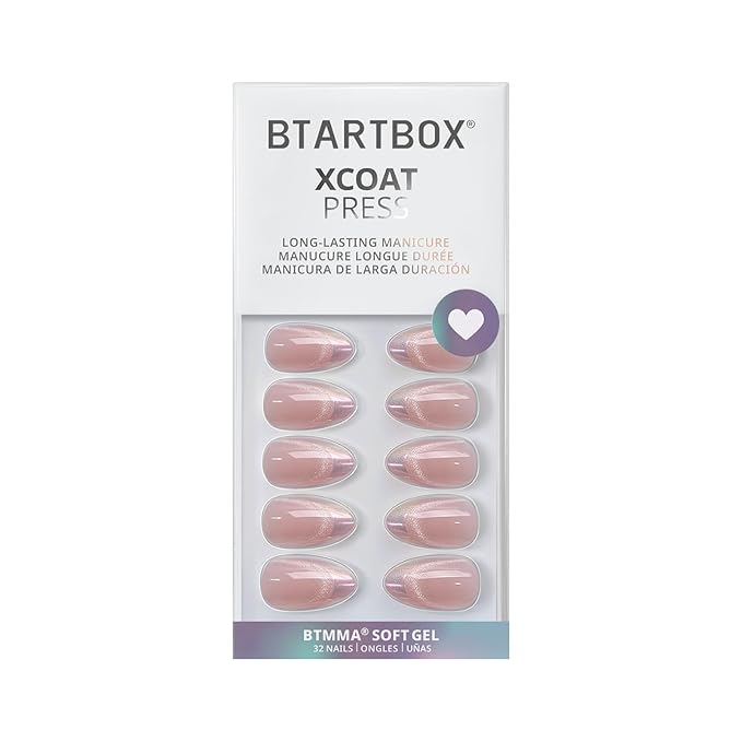 BTArtbox Press On Nails Almond - Diamond Dust, Lamp-Curable Cat Eye Chrome French Tip Short Press On Nails with Glue and Adhesive Tabs for Women in 16 Sizes - 32 Soft Gel Glue On Nails Kit