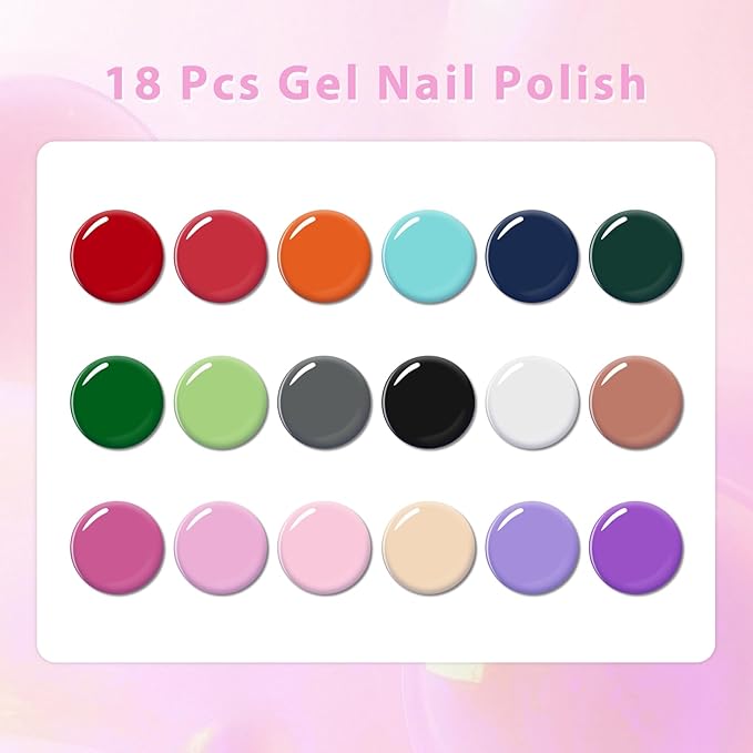 Gel Nail Polish Kit- 18 Trendy Colors Soak Off UV Gel Polish, Long Lasting Chip Resistant & High Shine, DIY Home Manicure & Salon Use, for Women & Teens