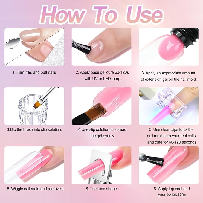 Poly Gel Nail Kit, Clear White Nude Pink Nail Extension Gels with Slip Solution, Dual Nails Forms for Builder Gel, Nail Starter Kit, Home DIY Manicure Set