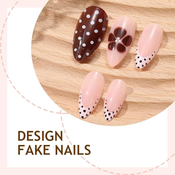Almond Press on Nails Polka Dot Fake Nails French Tip False Nails Brown Flowers Glue on Nail Reusable Acrylic Nails Full Cover Stick on Nail for Women Manicure 24Pcs