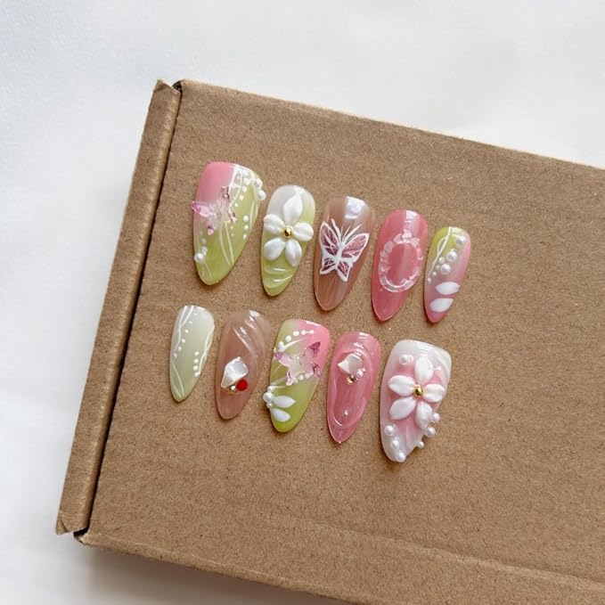 Press On Nails - Medium Almond Handmade Unique Fake Nails, Green and Pink Pairing, Thick Acrylic and Muti-Layer Gel False Nails, Reusable Gel Cured Sturdier 3D Fake Nails, DIY Art Decorate (Size M)