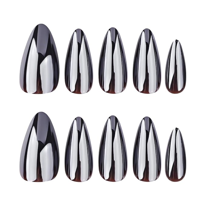 Black Chrome Press on Nails Almond Fake Nails Medium False Nails Press ons with Design Reusable Artificial Nail Full Cover Glossy Glue on Nail Stick on Nails for Women Halloween Manicure 24 Pcs