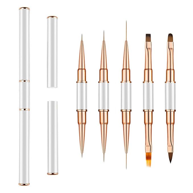 5Pcs Nail Art Bushes Set Double-Ended Professional Gel Polish Nail Art Design Painting Tools Nail Art Liner Brush (5/7/9/11/15/20mm) for Nails Detail, Long Lines, Ombre, Drawing(White)