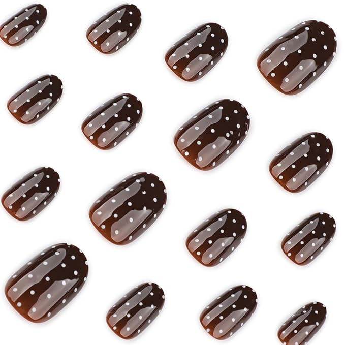 Brown Press on Nails Polka Dots Fake Nails Short Oval Fall Winter Nails Press ons with Design Full Cover Stick on Nails for Women Manicure,Reusable | Artificial | Nail Sticky Tabs | Easy Apply | 24Pcs