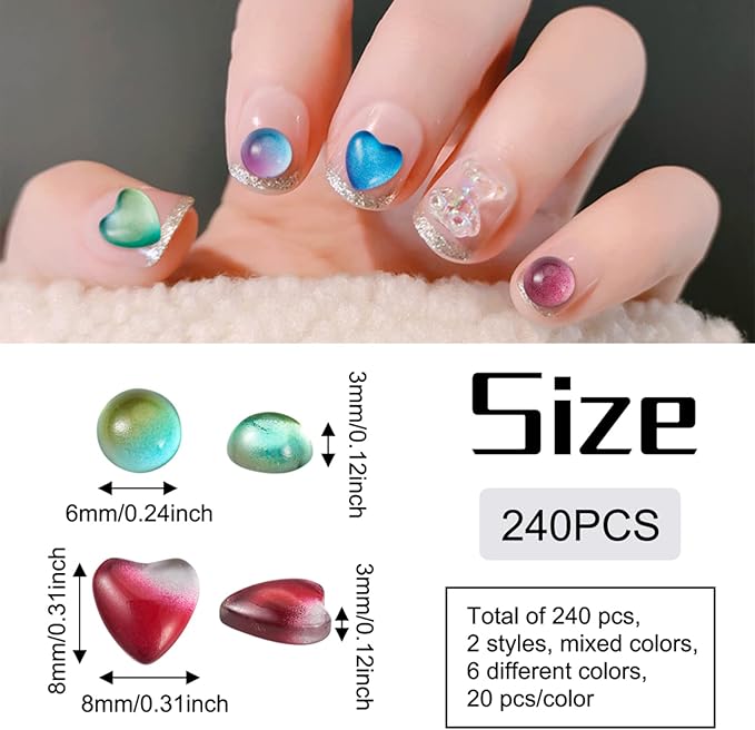 FASHEWELRY 240Pcs/Bag 3D Glass AB Color Nail Art Decoration Heart and Round Glass Cabochons Nail Art Studs for DIY Nail Art Decoration