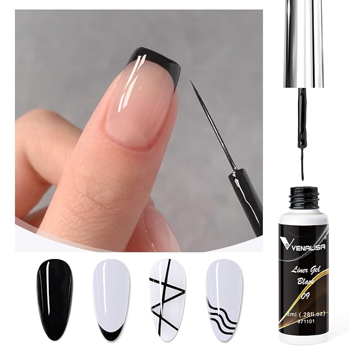 VENALISA Liner Gel Nail Polish 8ML 1 Pcs Black Gel Polish With Thin Brush For French Nail Art Swirls Nail Design Soak Off UV Gel DIY at Home Manicure Salon