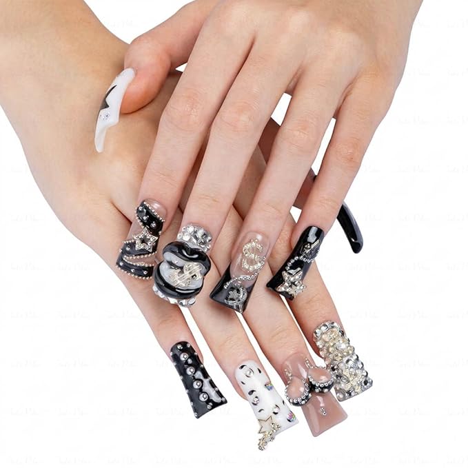 10 Pieces Luxury Acrylic Press On Nails Long Handmade Duck Nails, White And Black Thickened False Nails, Exaggerated Lips And 3D Dollar Sign, Reusable Fake Nails, Acrylic Nails (L)