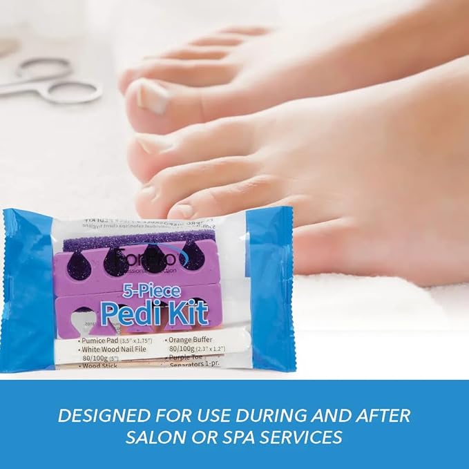ForPro 5-Piece Pedi Kit, 100-Count, Individually-Packed Pedicure Set, Purple Pumice Pad, Wood Nail File 80/100 Grit, Mini Buffer 80/100 Grit, Wood Stick, Toe Separators