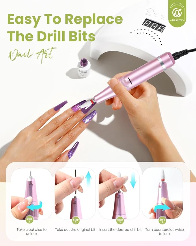 CozyZen Cordless Nail Drill Professional: 45000 RPM Rechargeable Electric Nail File Kit, Portable & Low Noise for Acrylic, Gel Nails, Manicure & Pedicure - Salon & Home Use (Green & Pink)