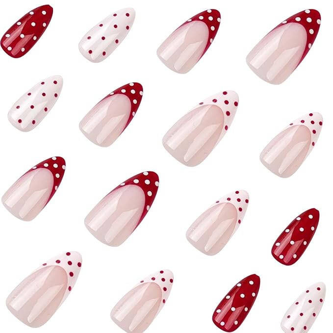 Polka Dot Press on Nails Medium Almond Fake Nails White Red French Nails Press ons with Polka Dots Design,Reusable Artificial Nail Full Cover Stick on Nails for Women Manicure 24Pcs
