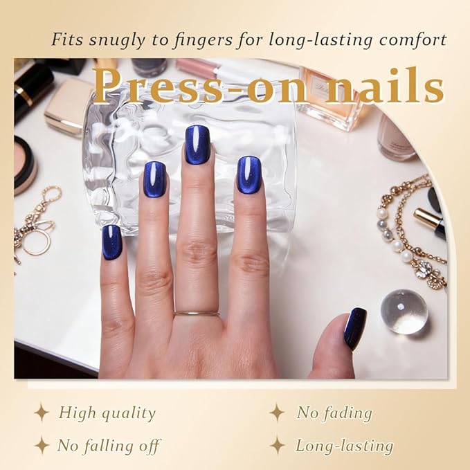evpct Royal Blue Cat Eye Extra Short Press on Nails Square, Petite Short Square Stick on Nails for Women Gift, Blue Metallic Glitter Glossy Reusable Soft Gel Press on Acrylic Fake Nail with Designs