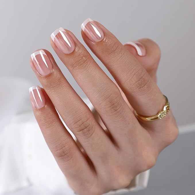 Findigit French Tip Press On Nails Short - Chrome French Tip Square Press On Nails with Glue for Women, Soft Gel Glue On Fake Nails in 16 Sizes - 32 Stick On Nails Kit, Elegant Princess