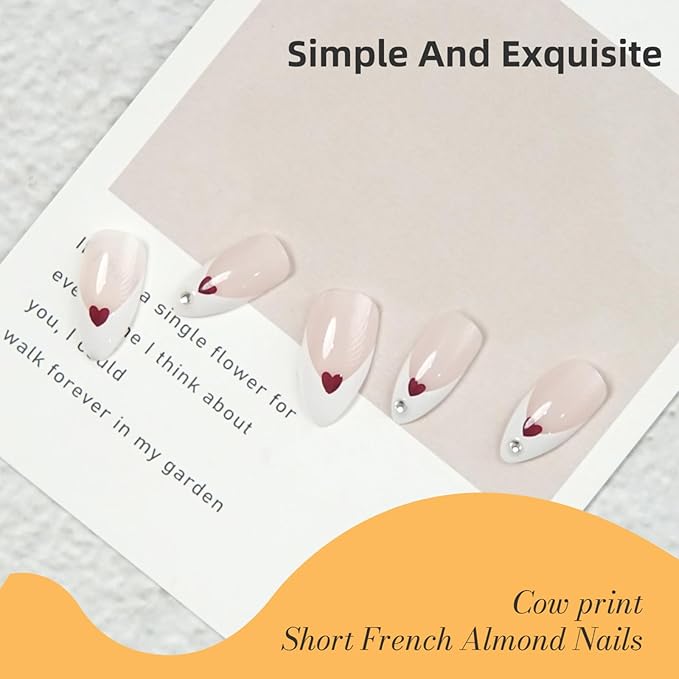 Press-On Nails, Heart Design False Nails, Pink White Glossy Fake Nails with Rhinestone, 24Pcs Reusable Artificial Nails Kit