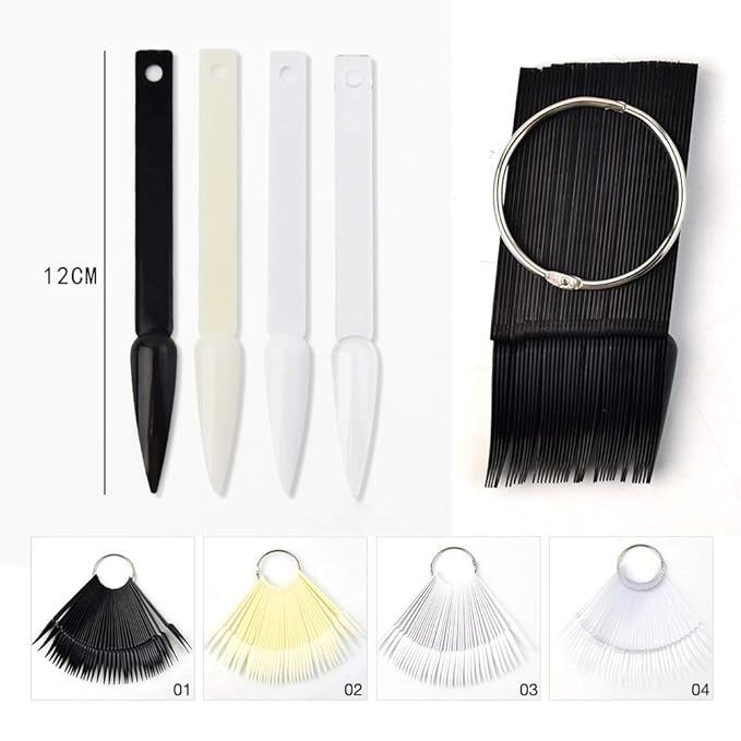160 Pcs False Nail Sticks - Fan Shaped Swatch Sticks, Display Board, Transparent, Black, Natural, Milky Colors, Stiletto Tips