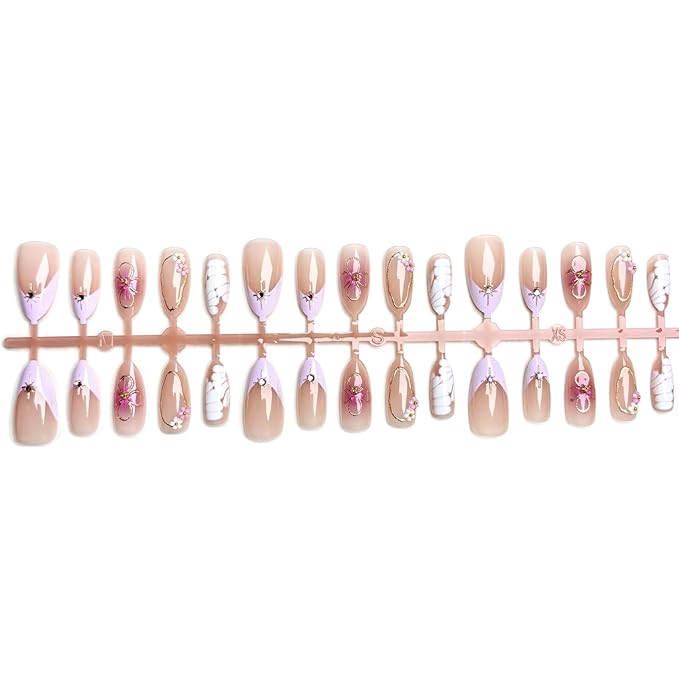 30Pcs Handmade Press on Nails, Rhinestone Stick on Purple French Tip False Nails with 3D Gold Flowers Lines Designs Pink Glossy Glue on Nail Full Cover Press Ons Fake Nails for Women