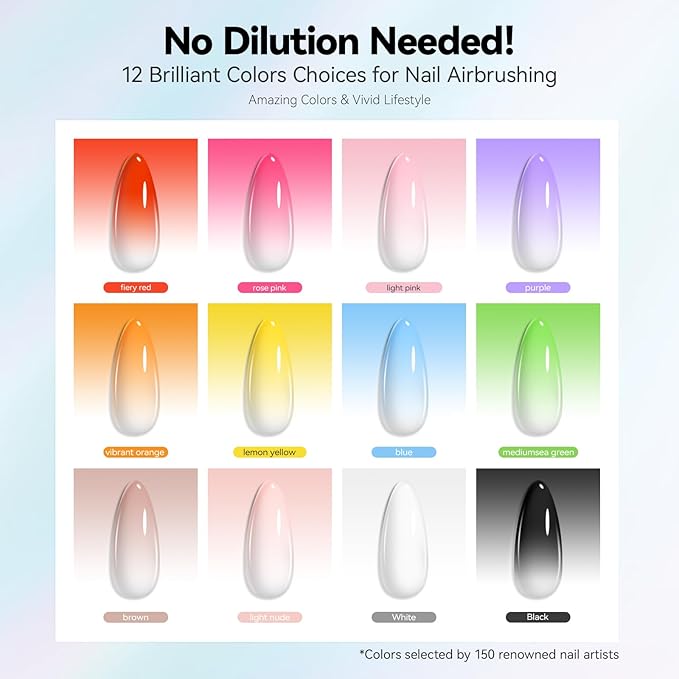 vrenmol 12PCS Airbrush Gel Nail Polish Hema-Free: No Need Dilution Airbrush Gel Nail Polish 12 Bright Colors Airbrush for Nails Paint Stencils Patterns Gradients Ombre French Nails Manicure Pedicure
