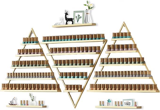 Wall Mounted Nail Polish Rack Triangle Metal Storage Rack 6 Sets Nail Polish Holder Essential Oil Holder, for Nail Techs Nail Salon Shop/Retail Shop,Gold