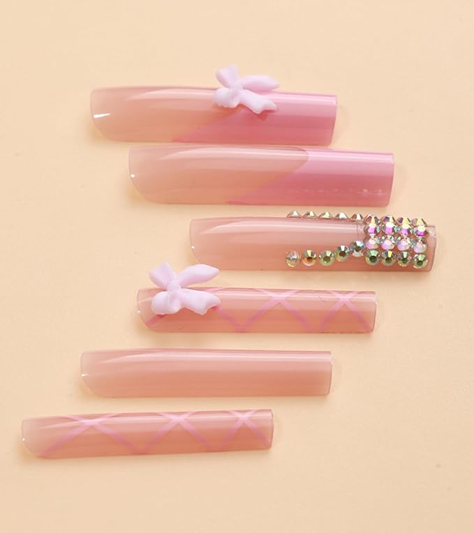 Press on Nails Square - Extra Long Fake Nails with 3D Rhinestones Bows, Pink French Tips False Nail with Glue Sticker, Stick On Nails for Women, 12 Sizes - 24 Nail Kit, Blush Whisper