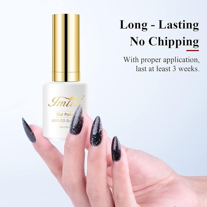 Imtiti 1 Pcs 0.5 Fl Oz Black Glitter Gel Polish Soak Off LED U V Nail Gel Polish DIY Nail Art Starter Manicure Salon Gel Nail Polish Kit for Women Girls