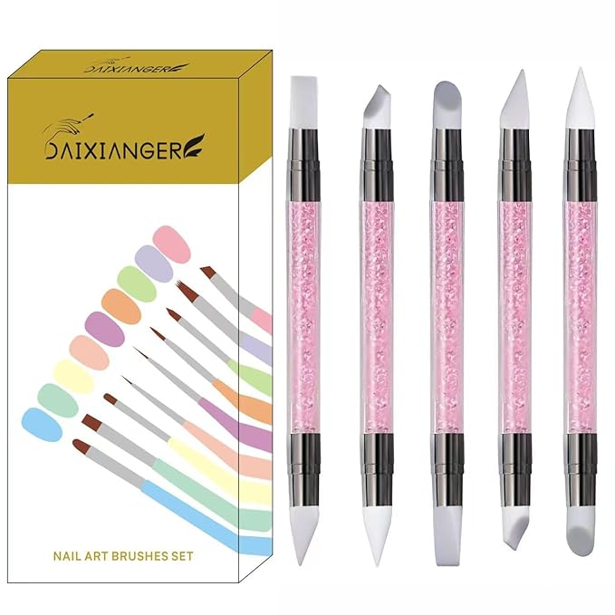5Pcs Double-Ended Silicone Nail Art Brushes, Dual-Tip Dotting & Sculpting Tools for Gel Polish, 3D Nail Art, Shaping, Drawing, Embossing & Manicure Clean Up-Pink