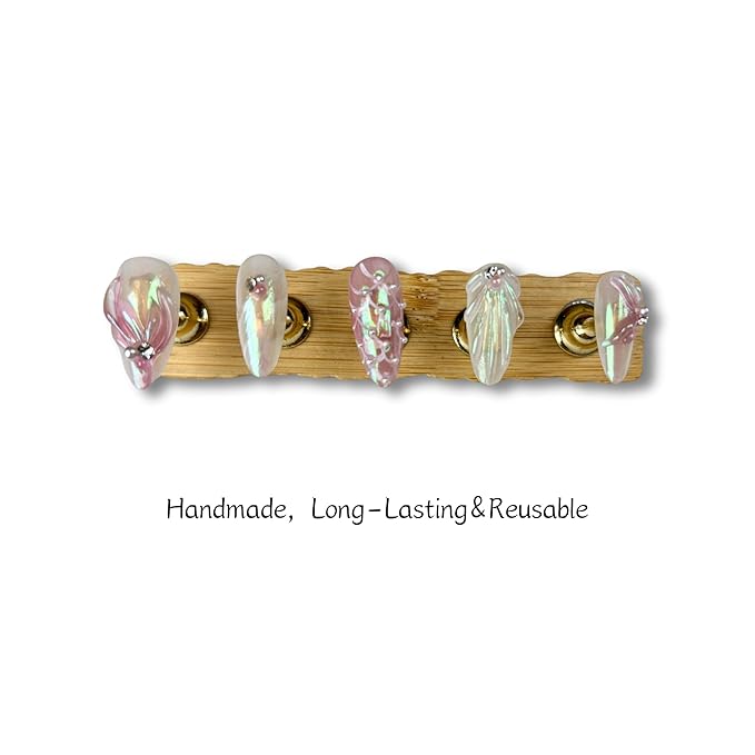 10PCS Handmade Unique 3D Almond Press-On Nails Salon Designs, Thick Acrylic Multi-Layer Gel False nails,UV/LED-Cured Reusable Sturdy Cat Eye Fake Nails for Women(048S)