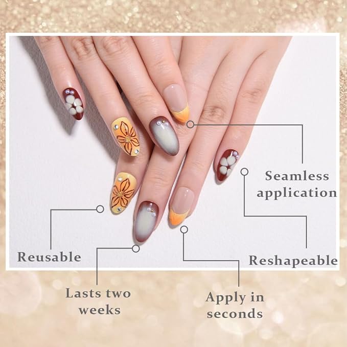 3D Flower Press on Nails Medium Almond with Design, Red Nail + Gold French Tip Glossy Stick on Nails for Women with Kit, Reusable Soft Gel Stick on Fake Nail with Flower Floral Designs Perfectly Fit