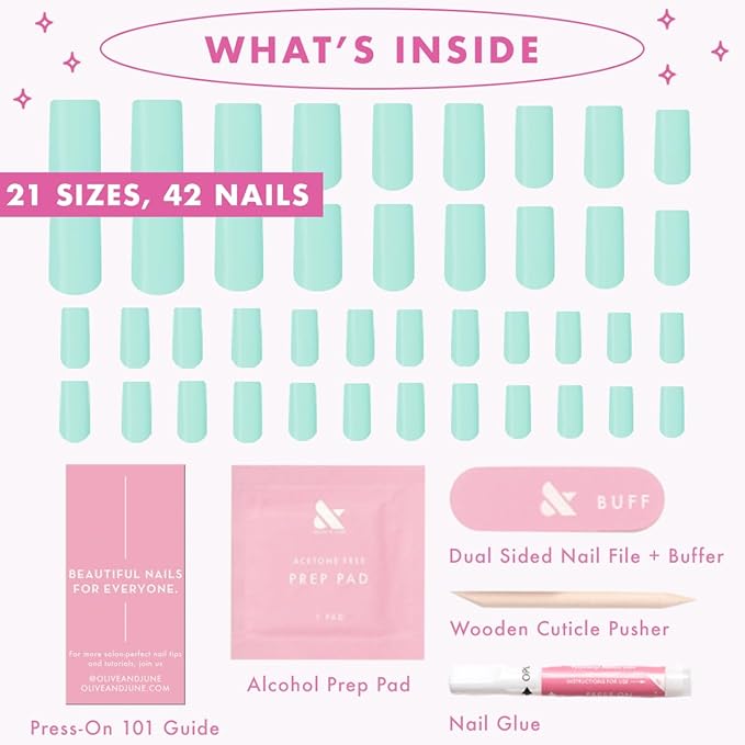 Olive & June Maximalist Instant Mani Press-On Nails (Glue) | 42 Fake Nails, 21 Sizes | Non-Toxic, Long-Lasting Big, Bold Gorgeous Realistic Look | Salon-Quality at Home | Medium, Square | Slam Dunk
