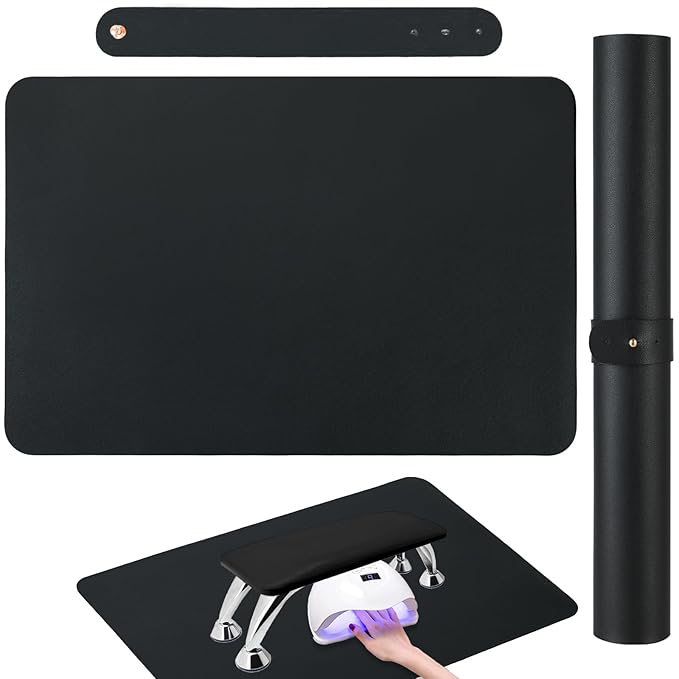 Nail Art Table Mat, (Mat Only) Foldable Hand Rest Manicure Pad, Soft Microfiber PU Leather Arm Rest Pad for Acrylic Nails, Nail Polish Mat for Nail Tech Salon Home, Black