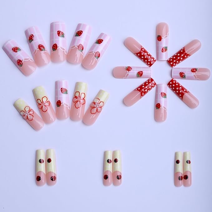 Square Press on Nails Long Pink Stick on Nail Tips with Embossed StrawberryNails Press ons CutePress on False Nails for Women 24pcs