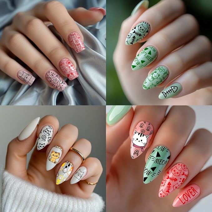 PH PandaHall 3pcs Cute Cat Nail Stamping Plates, Lovely Cat Nail Art Templates Animal Cat's Paw Fishbone Nail Art Stencils Stainless Steel Nail Image Plates for Women Nail Design Print Manicure Salon