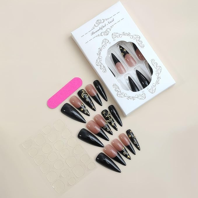 xl French Tip Press on Nails Long Stiletto Shape False Nails Press Ons Gold Moon&Stars Design Fake Nails Black Stick on Nail Full Cover Acrylic Artificial Nail Gift for Womens 24pcs