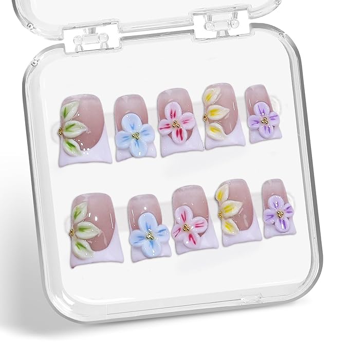 Short Duck Press on Nails Colorful 3D Flower False Nails Designs White French Tip Handmade Press on Nails Full Cover Thick Acrylic and Muti-Layer Stick on Nails for Women Nails Art (S)