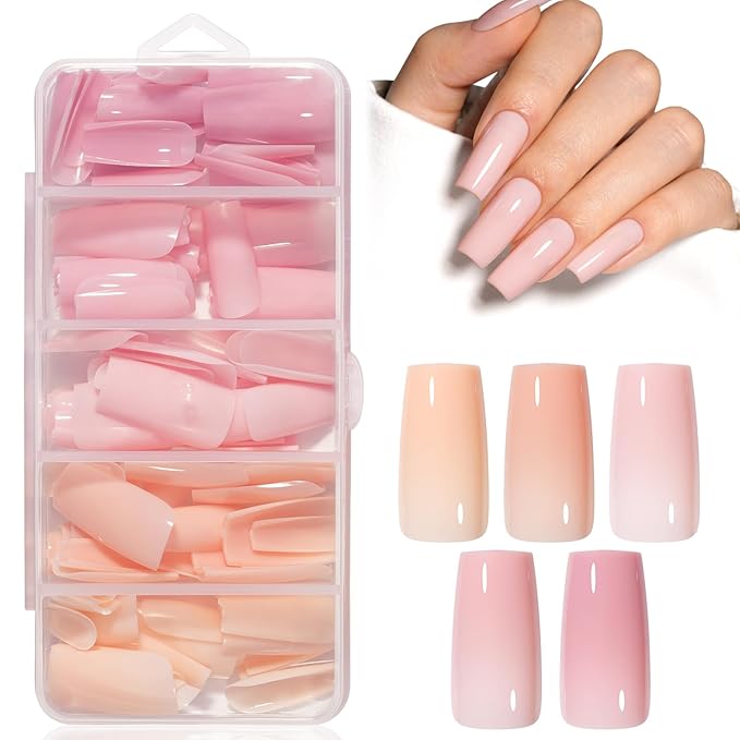 AILLSA RealFit Nude Pink Press On Nails Medium Square - Pre-Shaped 4 in 1 False Nails Set, Long-Lasting Nail Extensions for Salon Home DIY Gifts 140 PCS