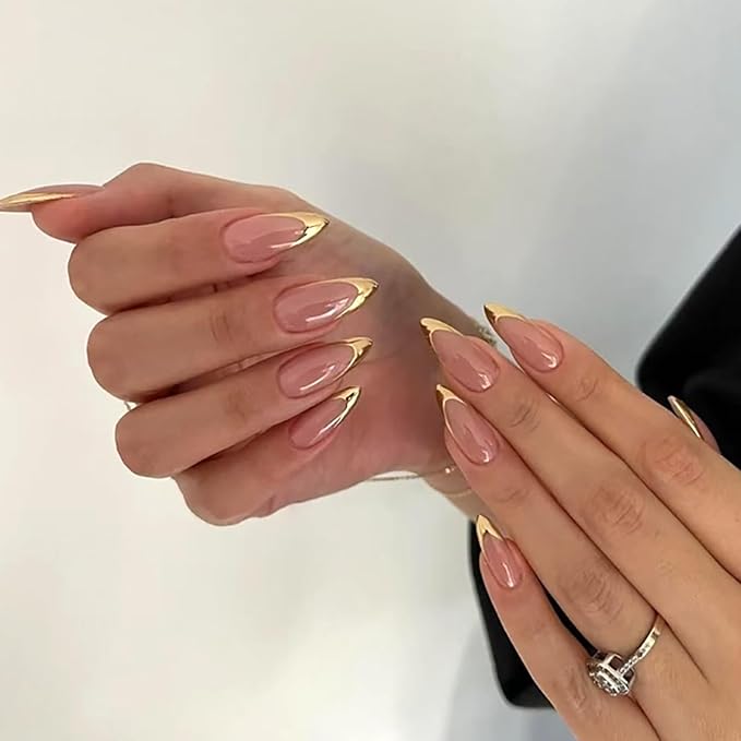 French Almond Press On Nalis Medium, Nude Fake Nails with Elegant Gold-Edged French Tip Design, Glossy Gel Finish Acrylic Nails, Reusable Glue On Nails for Women, Natural Stick On Nails Kit
