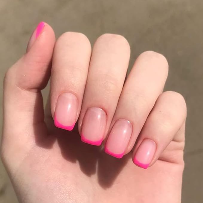 Modelones French Tip Press on Nails Short, Square Spring Fake Nails, Reusable Nail Kit with Nail Glue Adhesive Tabs Mini Nail File, Nails Press Ons 32Pcs 16Sizes, Women Girl Gift, Hot Pink