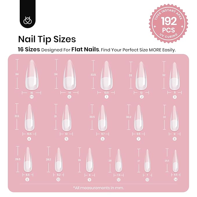 Beetles Tipex Instant Apex Nail Tips, Stiletto Long, 16 Sizes (00–14), 192pcs, Built-In Apex, No Builder Gel Required, Thicker Strong Acrylic Tips for DIY Nail Extensions