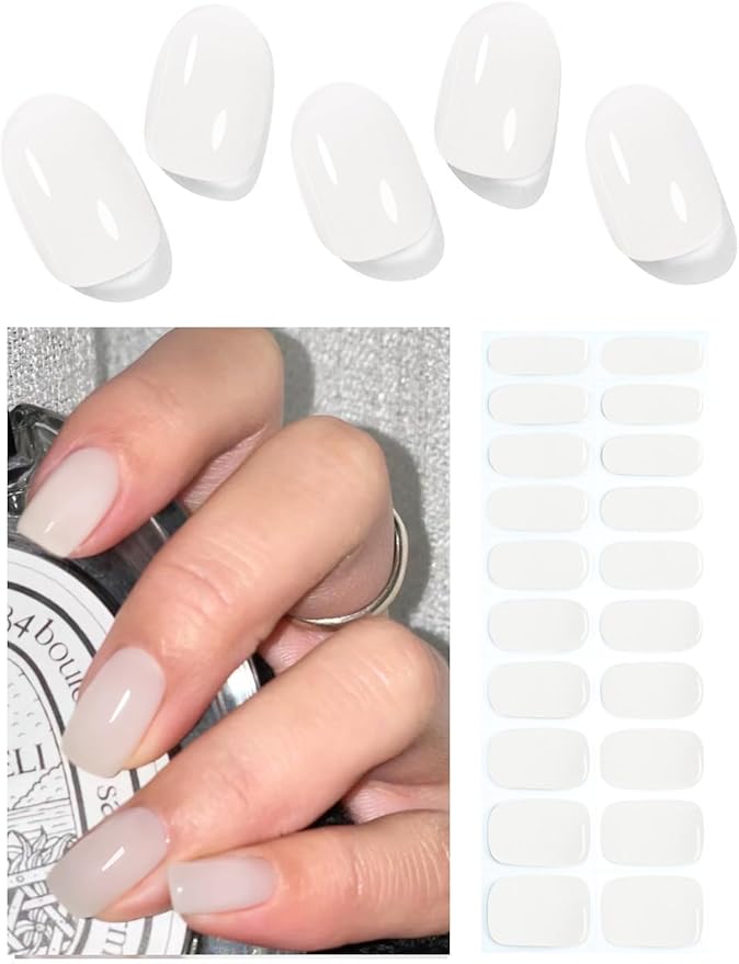 UV Gel Nail Stickers, Milky 20pcs Semi Cured Gel Nail Strips, Wraps for Home Manicure DIY