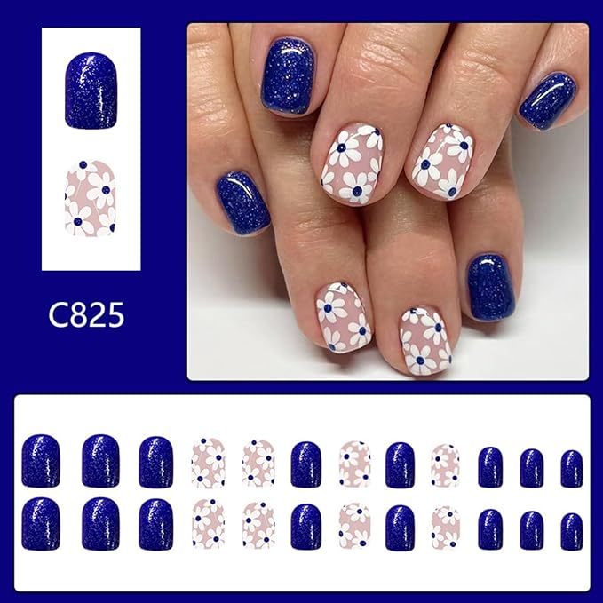 Blue Press on Nails Short Square Fake Nails Flower False Nails Spring Summer Press ons with Floral Designs Reusable Acrylic Nails Glossy Full Cover Artificial Stick on Nails for Women Manicure 24 Pcs