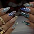 Almond Press On Nails - Medium Blue False Nails with 3D Ocean Design, Glossy Full Cover Stick On Nails - 24 Pcs