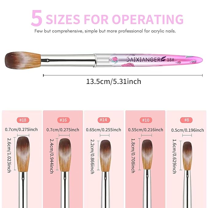 5PCS Valentine Acrylic Nail Brush Set - Size 8/10/14/16/18 Brushes for Acrylic Powder Application, 3D Carving & Nail Art Extension, Pink Flower Handle Nail Tools for DIY Salon Manicure
