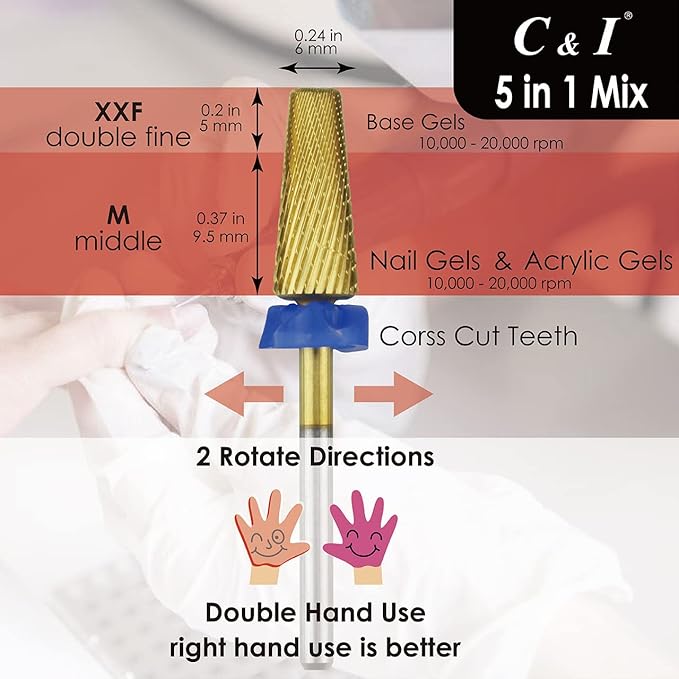 C & I 5 in 1 Nail Drill Bit, Mixed Sizes Edition, Cross Teeth, 2 Way, Professional Multi-function Nail Drills for Electric Manicure Drill Machine, Shank 3/32” (Mix, M & XXF)