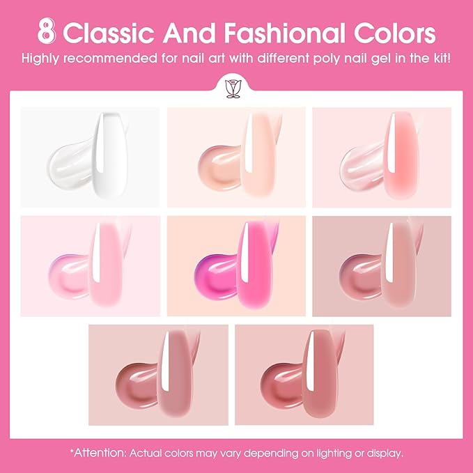 ROSALIND Poly Nail Gel Set, 8 Colors 10g Clear Pretty Poly Extension Gel Nail Set, Nude Pink Poly Nail Gel Set Builder Pink Gel Extension Kit for Nail Art Design Easy DIY Gift for Women
