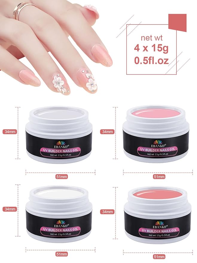 EBANKU Solid Builder Gel Kit, Builder Gel for Nails 4 Colors Clear White Nude Pink for Nail Art Strengthen Nail Extension Kit for Beginners Home DIY, 4 * 15g